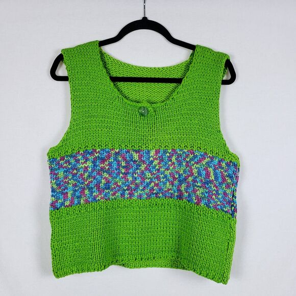 Handknit Sweater Vest Art Teacher Y2K Whimsical Womens M? Quirky Green Rainbow - Picture 1 of 9